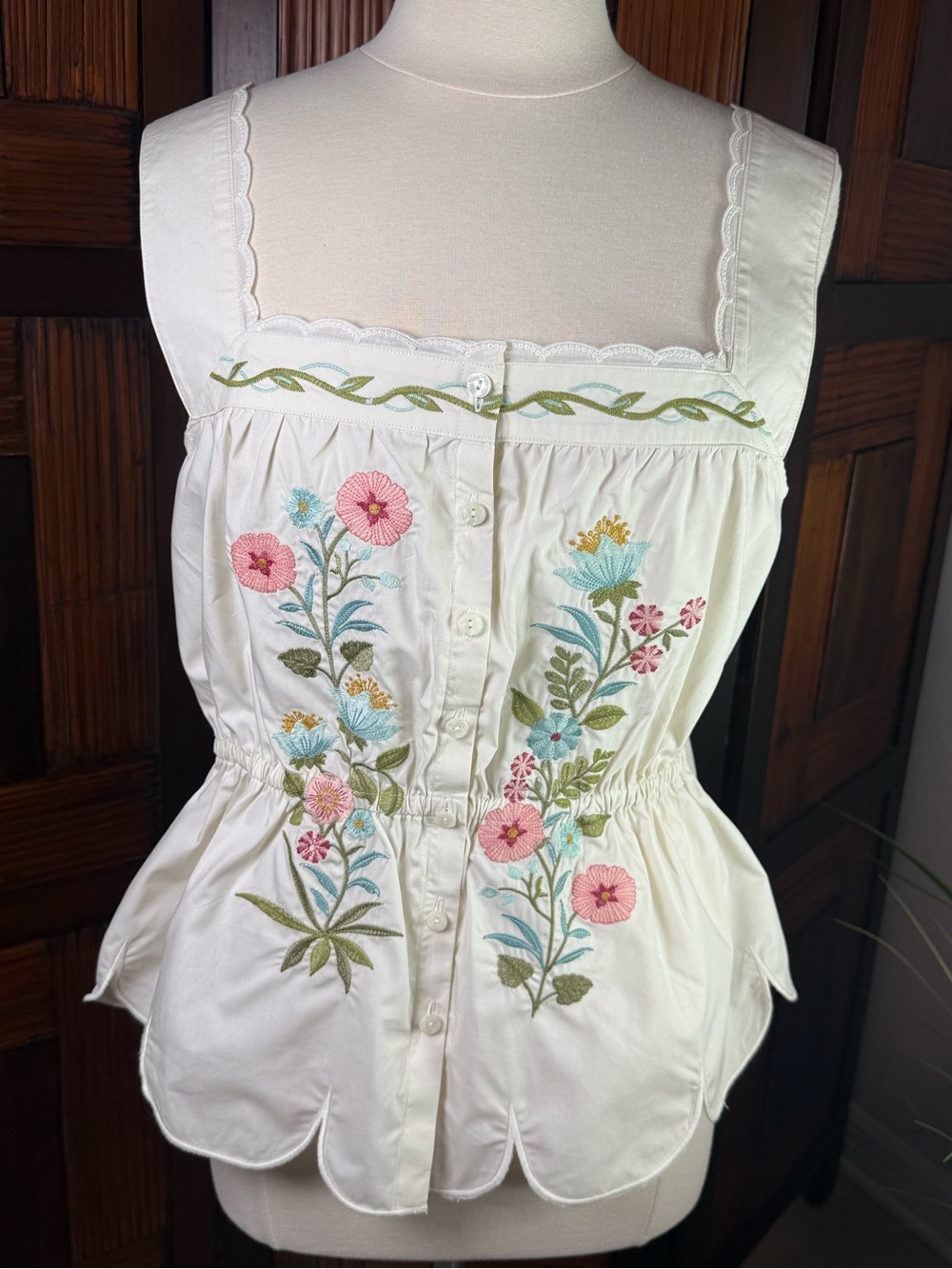 Spartina 449 Women’s Floral Embroidered Peplum Ivory Tank Button Front Blouse XL - Picture 2 of 12
